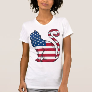Camiseta Gato Patriótico Desenho Vetorial de Gravura Vintag