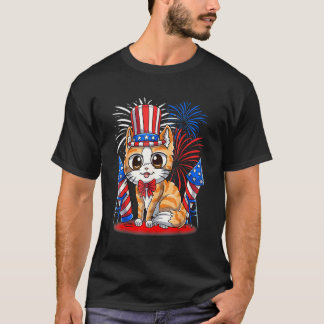 Camiseta Gato Patriótico do Dia 4 de Julho  Bandeira Americ