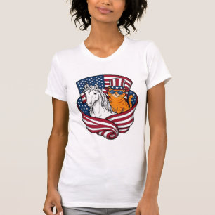 Camiseta Gato Patriótico e Unicórnio Design Vetorial Vintag