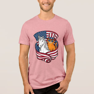 Camiseta Gato Patriótico e Unicórnio Design Vetorial Vintag