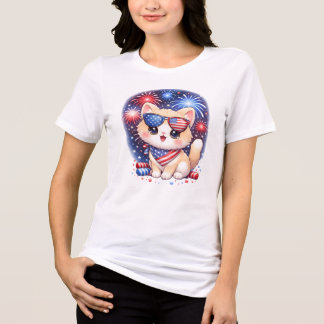 Camiseta Gato Patriótico Fofo 4 de Julho Kawaii