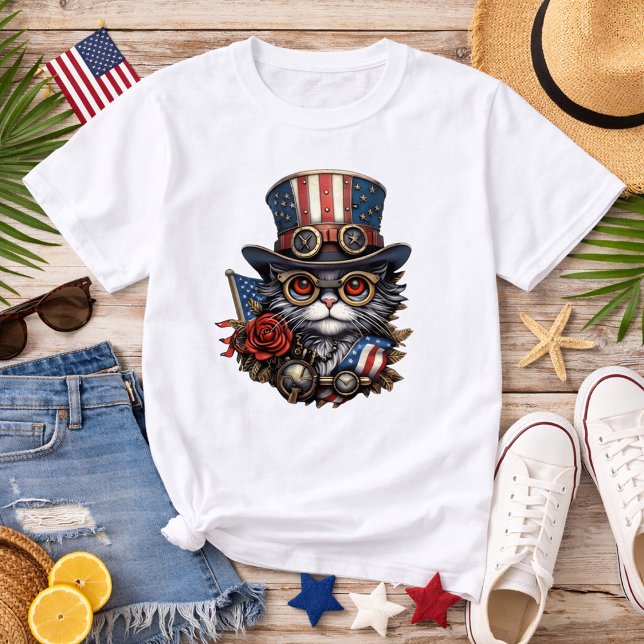 Camiseta Gato Patriótico Steampunk com Óculos (Criador carregado)