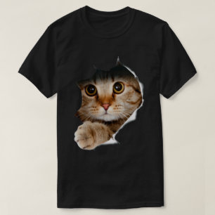 Camiseta Gato Peekaboo Tecido Rasgado Arte 3D Realista