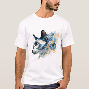 Camiseta Gato Perfil Aquarela Sonhadora Azul Dourado Abstra