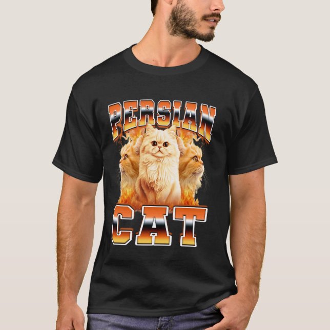 Camiseta Gato Persa Chamas Estilo Bootleg 90s (Frente)