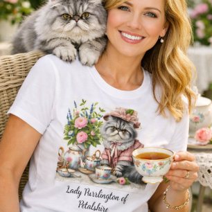 Camiseta Gato Persa com Chapéu Floral e Pérolas na Festa do