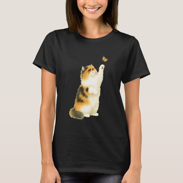 Camiseta Gato Persa Curioso Alcançando Borboleta Monarca Na (Frente)