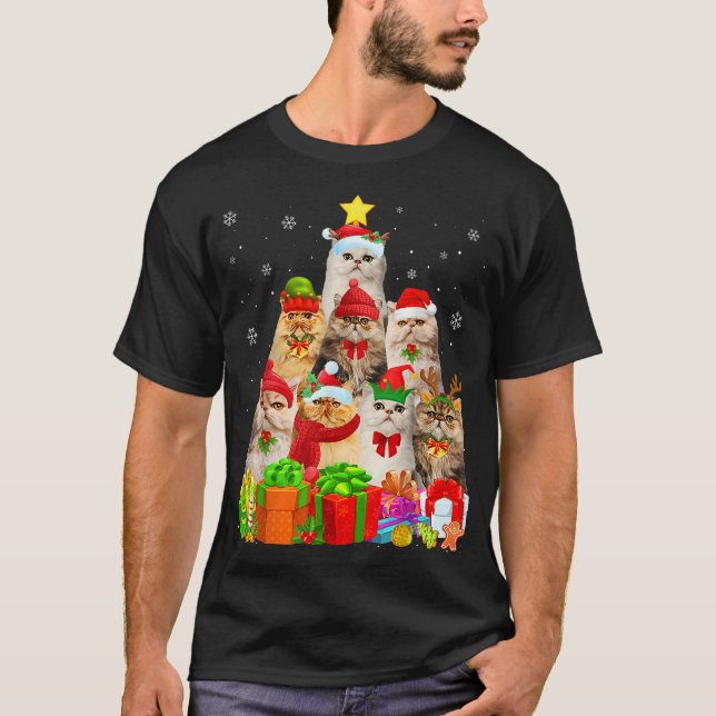 Camiseta Gato Persa de Árvore Gentil, doido de Natal (Frente)