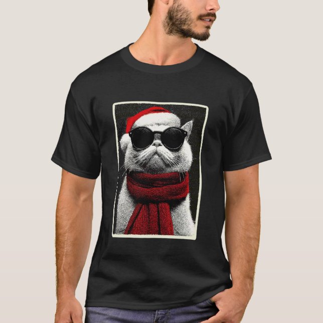 Camiseta Gato Persa de Natal com Óculos de Sol Chapéu de Pa (Frente)