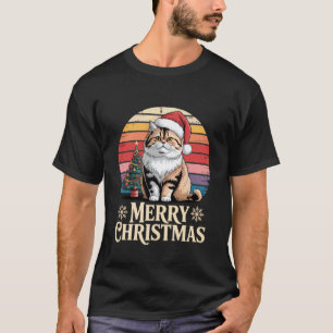 Camiseta Gato Persa Engraçado Chapéu de Papai Noel Luzes de