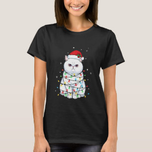 Camiseta Gato Persa Engraçado Chapéu de Papai Noel Luzes de