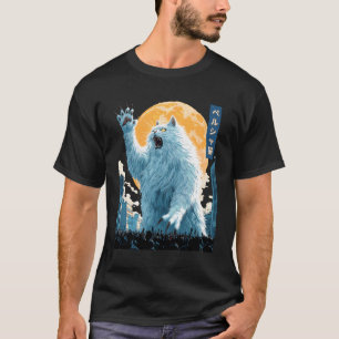 Camiseta Gato Persa Engraçado Gato Branco Monstro Kaiju Jap