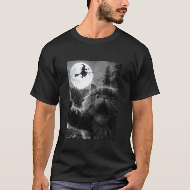 Camiseta Gato Persa Engraçado Selfie Lua Cheia Bruxa Voador (Frente)