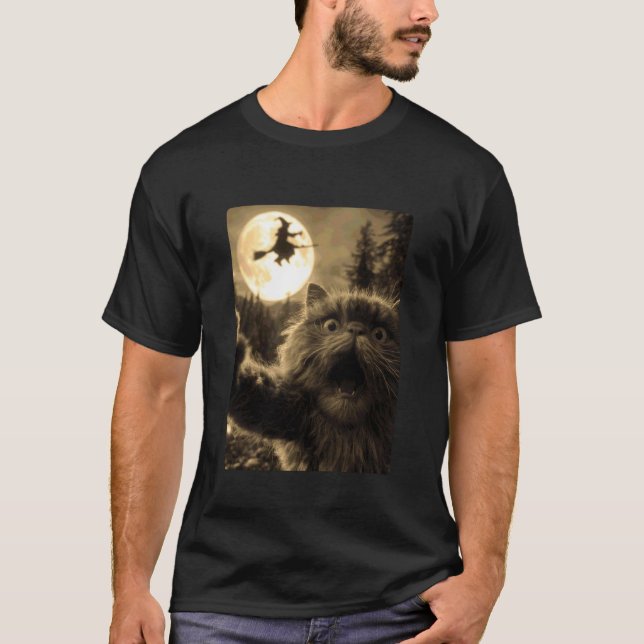 Camiseta Gato Persa Engraçado Selfie Lua Cheia Bruxa Voador (Frente)