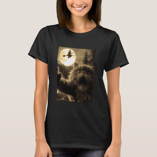 Camiseta Gato Persa Engraçado Selfie Lua Cheia Bruxa Voador (Frente)