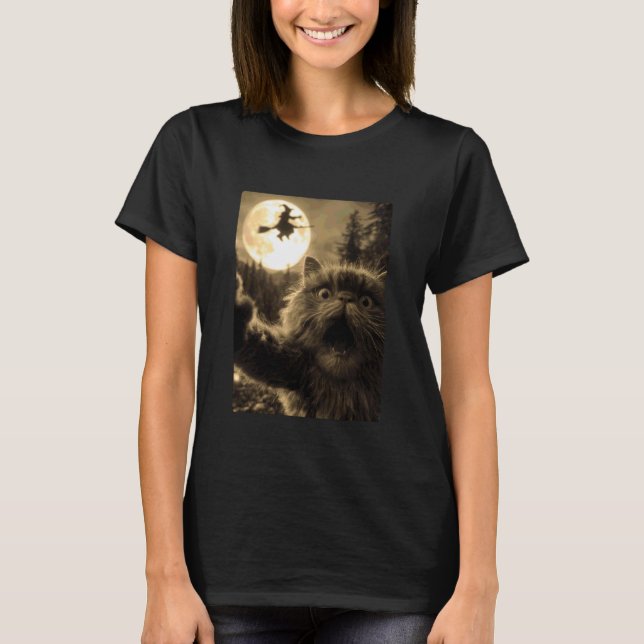 Camiseta Gato Persa Engraçado Selfie Lua Cheia Bruxa Voador (Frente)