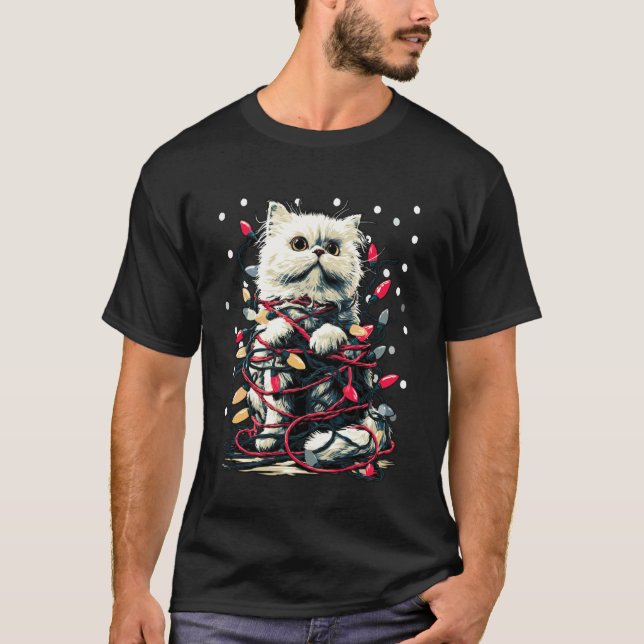 Camiseta Gato Persa Fofo com Luzes de Natal Kitte Nevado (Frente)