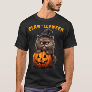 Camiseta Gato Persa Halloween Chapéu de Bruxa Abóbora Garra