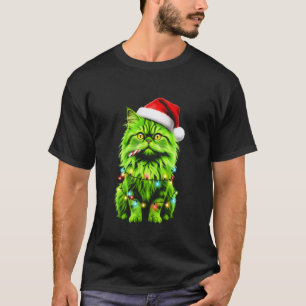 Camiseta Gato Persa Verde Engraçado Luzes de Natal Chapéu d