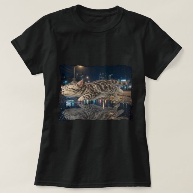 Camiseta Gato Persa Voador Reflexo da Cidade Noturna (Frente do Design)