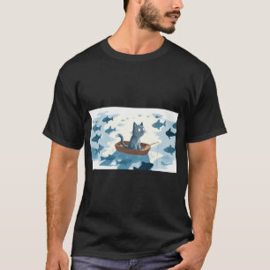 Camiseta Gato pescando em um pequeno barco