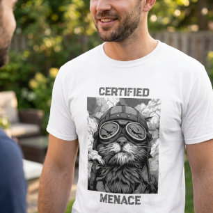 Camiseta Gato Piloto Engraçado Fumando um Charuto Preto e B