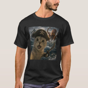 Camiseta Gato Pirata Engraçado Selfie com Lula de Monstro M