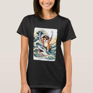Camiseta Gato Pirata Fofo Vintage Montando Tubarão Japonês 
