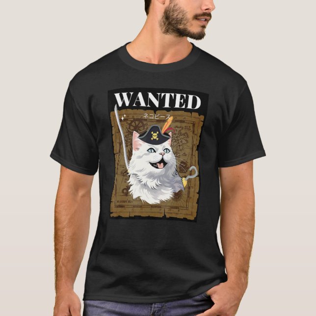 Camiseta Gato Pirata Procurado Peça Neko Engraçada (Frente)