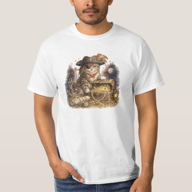 Camiseta Gato Pirata Vintage com Cofre do Tesouro (Frente)