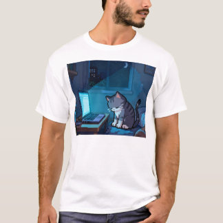 Camiseta Gato Pixel Cansado no Laptop à Noite – Triste