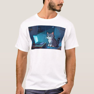 Camiseta Gato Pixel Deslizando no Laptop – Meme de Madrugad