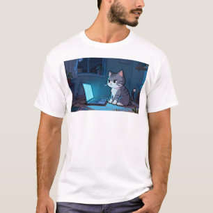 Camiseta Gato Pixel Solitário com Laptop – A Relaxante Arte