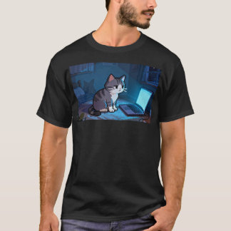 Camiseta Gato Pixel Trabalhando em Laptop à Noite – Meme Ac