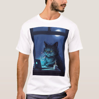 Camiseta Gato Pixel Trabalhando Tarde da Noite – Vibração d
