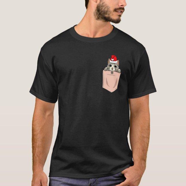 Camiseta Gato Pocket Natal Pocket Kitten Santa Hat Cute (Frente)