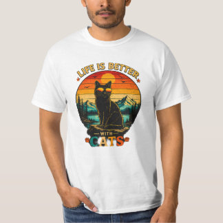 Camiseta Gato Pôr do Sol Retro, Camiseta Preta Vin