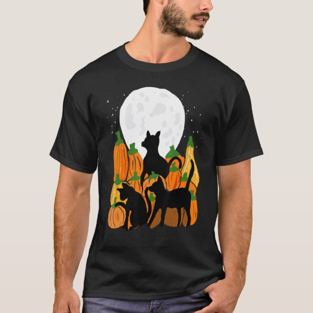 Camiseta Gato Preto & Abóboras Halloween  Lua Cheia Assusta (Frente)