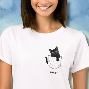 Camiseta Gato Preto Adorável no Bolso Nome Personalizado