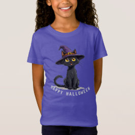 Camiseta Gato Preto Adorável Usando um Chapéu de Bruxa