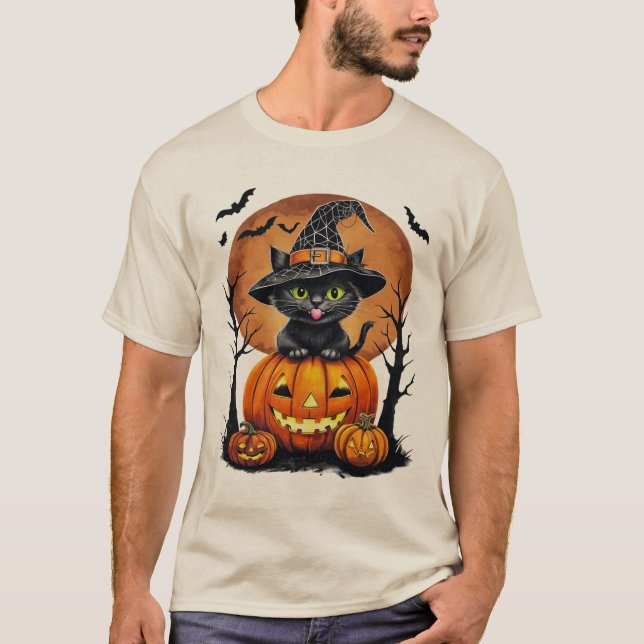 Camiseta Gato Preto Assustador com Presente de Halloween de (Frente)