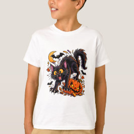 Camiseta Gato Preto Assustador e Abóbora de Halloween