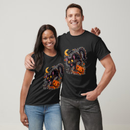 Camiseta Gato Preto Assustador e Abóbora de Halloween