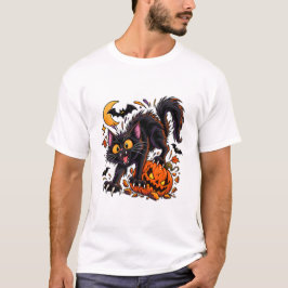 Camiseta Gato Preto Assustador e Abóbora de Halloween