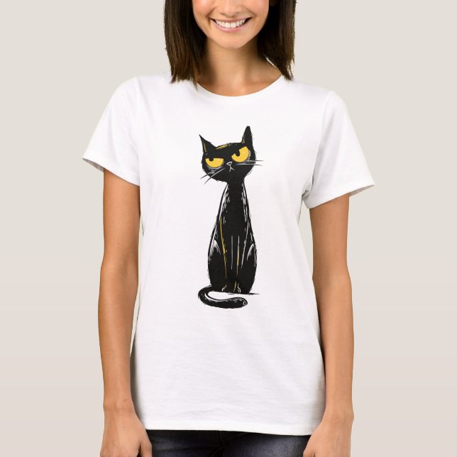 Camiseta Gato Preto Atitude - Ilustração de Olhos Amarelos  (Frente)