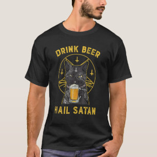 Camiseta Gato Preto Bebe Cerveja Salve Satanás Assustador V
