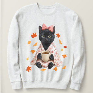 Camiseta Gato Preto Bebendo Café Cobertor de Cerejeira em