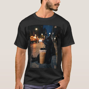 Camiseta Gato Preto Bebendo Café Gelado Meme Engraçado de A