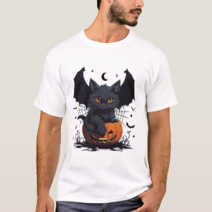 Camiseta Gato Preto Bonito Com Gatinho Jack O Lanterna