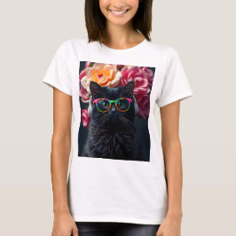 Camiseta Gato preto bonito com óculos e fones de ouvido